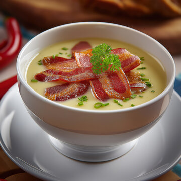 cream soup with delisous slices of smaked bacon.