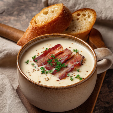 a creamy soup with delisous slices of smaked bacon.