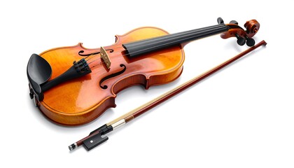 Fototapeta premium A polished violin with its bow resting alongside, isolated against a stark white backdrop