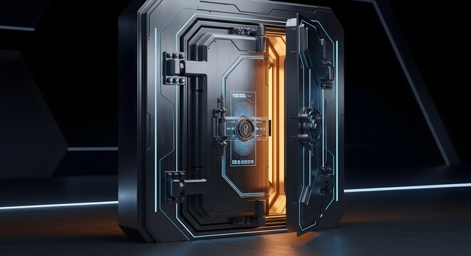 An open futuristic vault door with glowing lights, a concept for data security or financial safety
