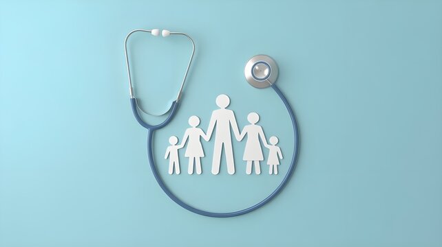 Top view of medical stethoscope and icon family on cyan background. Health care insurance concept. 3d rendering