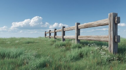 Fototapeta premium Serene Meadow with Wooden Fence Under Bright Blue Sky and Fluffy Clouds in a Tranquil Landscape Scene