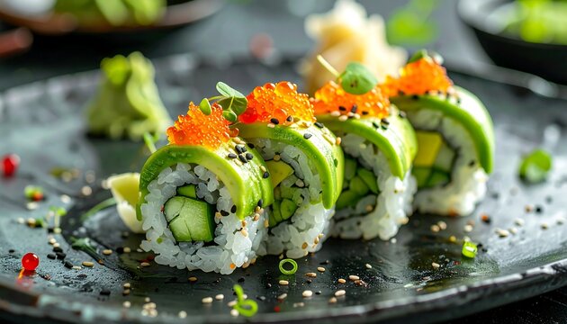 Close-up shot of vibrant sushi rolls on a dark textured plate, topped with avocado, roe, and sprouts
