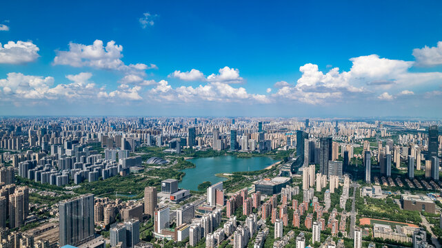 a sunny day, aerial view of  Swan Lake Hefei,China