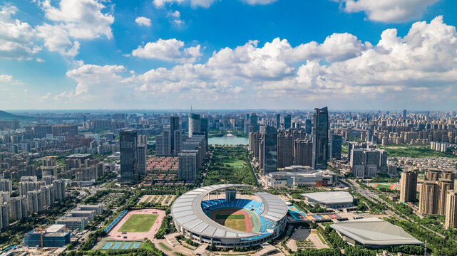 a sunny day,aerial view of hefei city,China