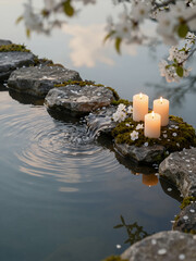 Serene Japanese Garden Scene with Lit Candles on Mossy Stones Beside Calm Water Reflecting Cherry Blossoms at Dusk for Meditation or Wellness Themes