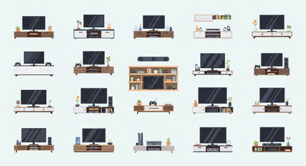 Collection of modern television stands with flat screen TVs. © Jani