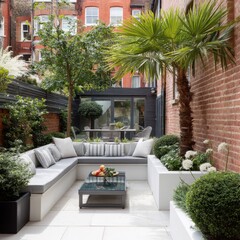 Fototapeta premium Contemporary Urban Garden with Comfortable Seating and Lush Greenery in Modern Home Outdoor Space
