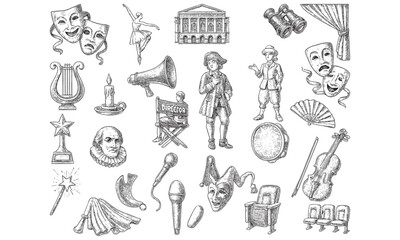 Obraz premium Vintage Theater & Drama Icons Set