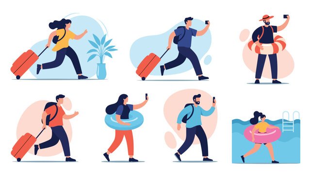 Travel and vacation character set shows people running with suitcases and using swim rings for a fun summer holiday collection.