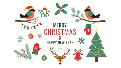Obraz premium Festive Christmas greeting card with winter birds, a decorated tree, and holiday accessories shares warm seasonal wishes.