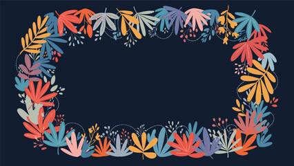 Obraz premium Decorative frame made of vibrant stylized leaves on a dark blue background provides an elegant botanical border for text.