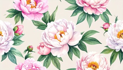 Floral pattern soft pink and white peony blossoms with lush green leaves on a light beige background