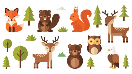 Fototapeta premium Cute woodland animal set with a fox, beaver, deer, and owl in a flat style provides a charming collection for nature themed art.