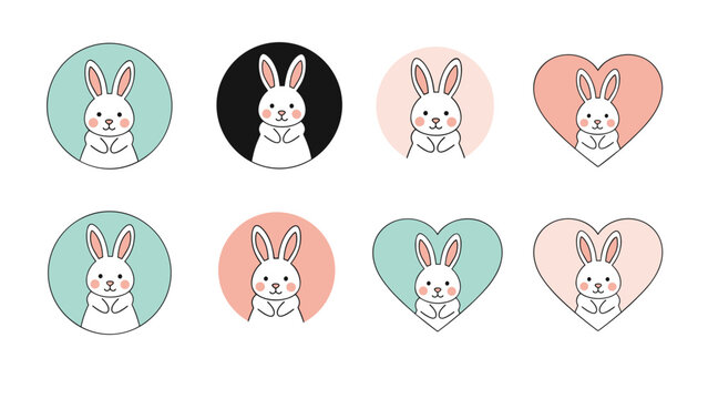 Cute white rabbit icons inside pastel circles and heart shapes provide a sweet collection for Easter or baby themed designs.