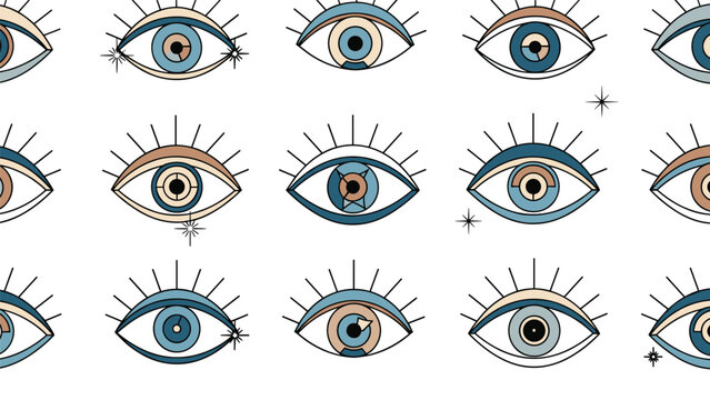 Seamless pattern of stylized evil eye symbols in blue and beige shades offers a modern take on a traditional protective emblem.