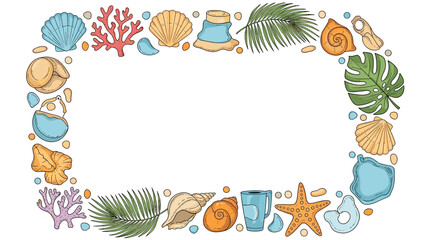 Colorful rectangular frame composed of hand drawn marine elements including seashells, coral branches, palm leaves, and beach bags.