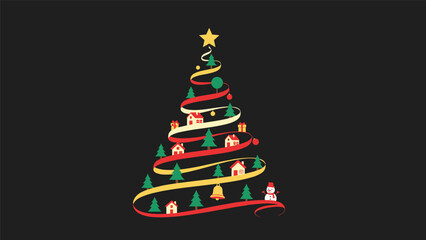 Creative christmas tree design formed by a swirling red and yellow ribbon decorated with small houses, trees, bells, and a star on top.