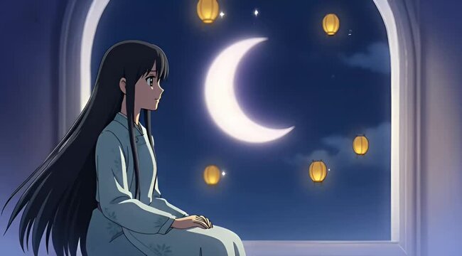 Anime Girl Looking at Crescent Moon and Floating Lanterns at Night wallpaper