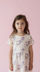 Obraz premium Young Girl in Floral Lace Dress Standing Against Soft Pink Background, Portrait Photography with Natural Light and Gentle Expression for Fashion or Editorial Use