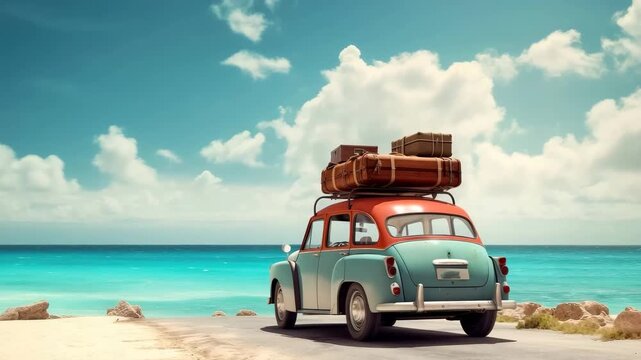 Vintage Car with Luggage on Tropical Beach