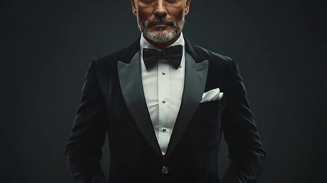 Elegant man in a black velvet tuxedo, white shirt, and bow tie, adjusting jacket