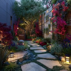 Obraz premium Tranquil Garden Pathway Surrounded by Lush Greenery and Colorful Flowers at Dusk with Soft Lighting and Serenity