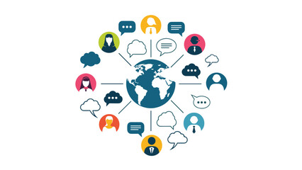 Fototapeta premium Conceptual illustration of a global social network shows diverse people avatars connected to a world map via communication bubbles.