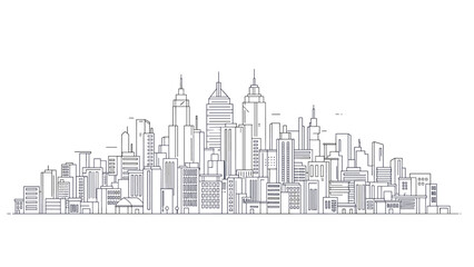 Fototapeta premium Modern minimalist line art illustration showcases a dense urban cityscape with many high-rise skyscrapers and corporate buildings.