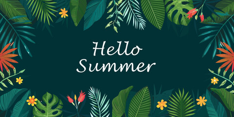 Tropical leaves and flowers frame the greeting hello summer © Rathin