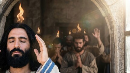 Naklejka premium Man with long hair and beard praying with flame above his head. Pentecost scene, Holy Spirit descending on apostles.