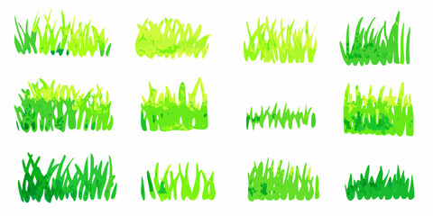 Variety of green grass tufts arranged in a grid pattern © Rathin