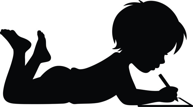 Silhouette of Boy Writing on the Floor
