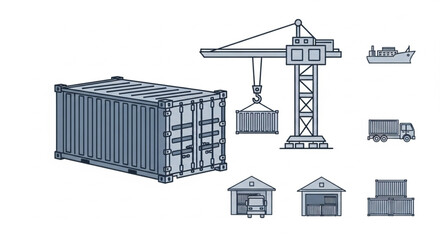 Obraz premium Shipping Container Crane Truck and Warehouses Illustration.