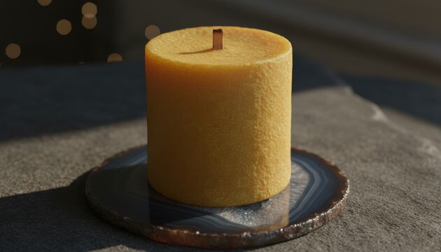 A textured, unlit natural beeswax candle with a wooden wick sits on a decorative agate stone coaster.