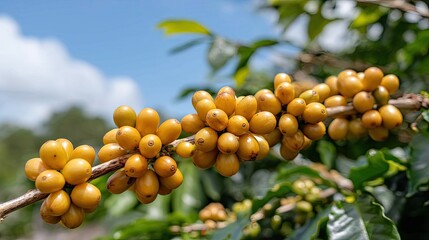 Close-up view of ripe and unripe coffee beans on a tree in a green farm on a sunny day with a blue sky