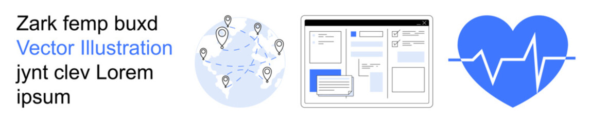 Global networks, user interface design, healthcare, telemedicine, web applications, data sharing. a world map with points connected, a UI layout and a heart with an ECG line. Global networks