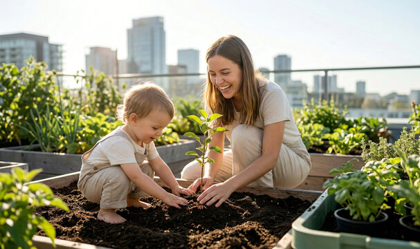 Mother and toddler planting a small tree in a rooftop garden.