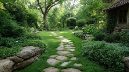 Serene Garden Pathway Surrounded by Lush Greenery and Vibrant Plants in a Peaceful Natural Setting