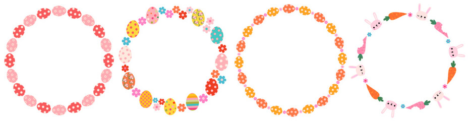 Cute Easter round vector frames with eggs, flowers and bunny faces, circle spring wreaths for greeting cards and Easter egg hunt designs © dollitude
