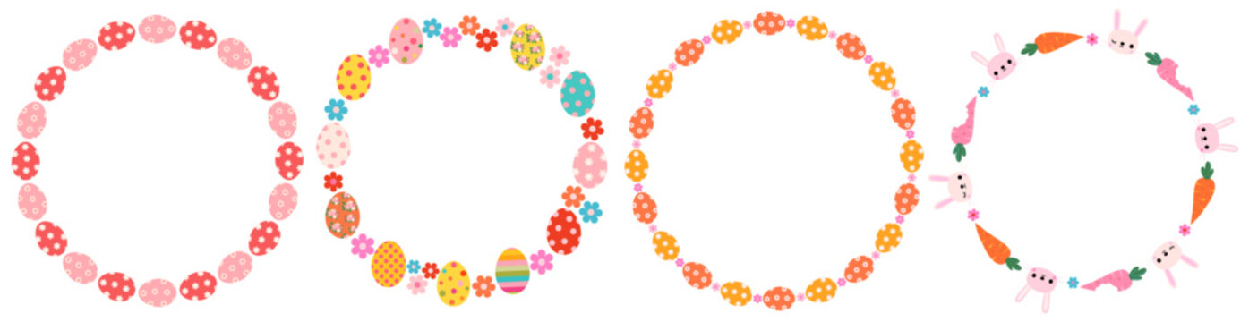 Cute Easter round vector frames with eggs, flowers and bunny faces, circle spring wreaths for greeting cards and Easter egg hunt designs
