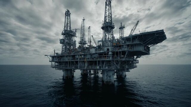 cinematic drone approaching a massive offshore industrial oil platform in open ocean