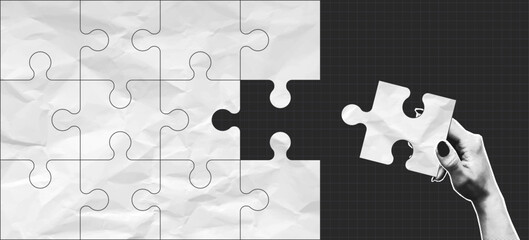 Halftone hand connects missing piece of jigsaw puzzle. Collage design with incomplete jigsaw puzzle and hand that connects missing part. Vector.