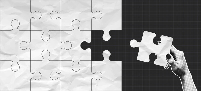 Halftone hand connects missing piece of jigsaw puzzle. Collage design with incomplete jigsaw puzzle and hand that connects missing part. Vector.