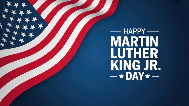 High quality photo of Happy Martin Luther King Jr Day card with waving American flag on blue background