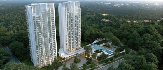 Aerial view showing new tall apartment buildings beside a golf course and park with trees, urban area, and mountains in the background