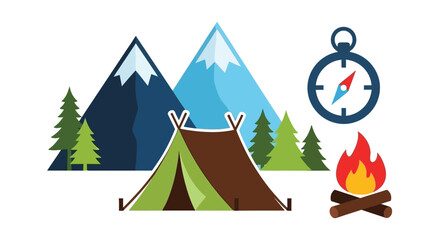 Camping scene featuring mountains tent campfire and navigational compass illustration © Ferdous_Studio