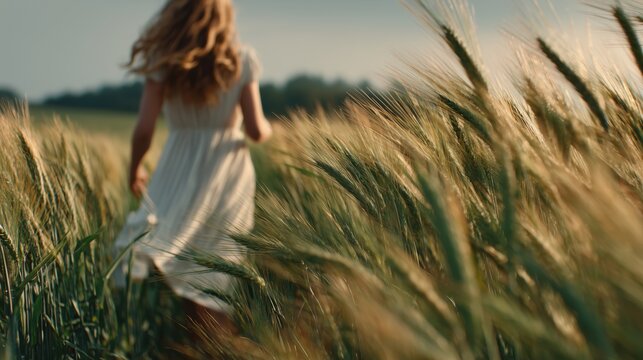 Serene countryside scene with woman walking through barley at dusk