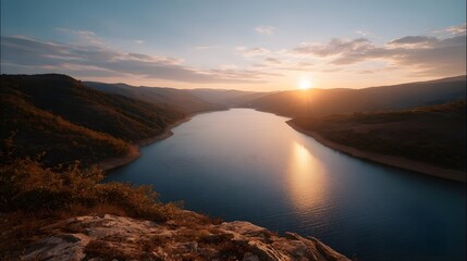 Obraz premium Serene lake nestled between rolling hills during a breathtaking golden hour sunset