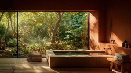 Fototapeta premium Therapy stress release treatment, health lifestyle. A bathroom with a wooden floor, a wooden bench with folded towels, a bathtub with a tap, a wall with a glass door.